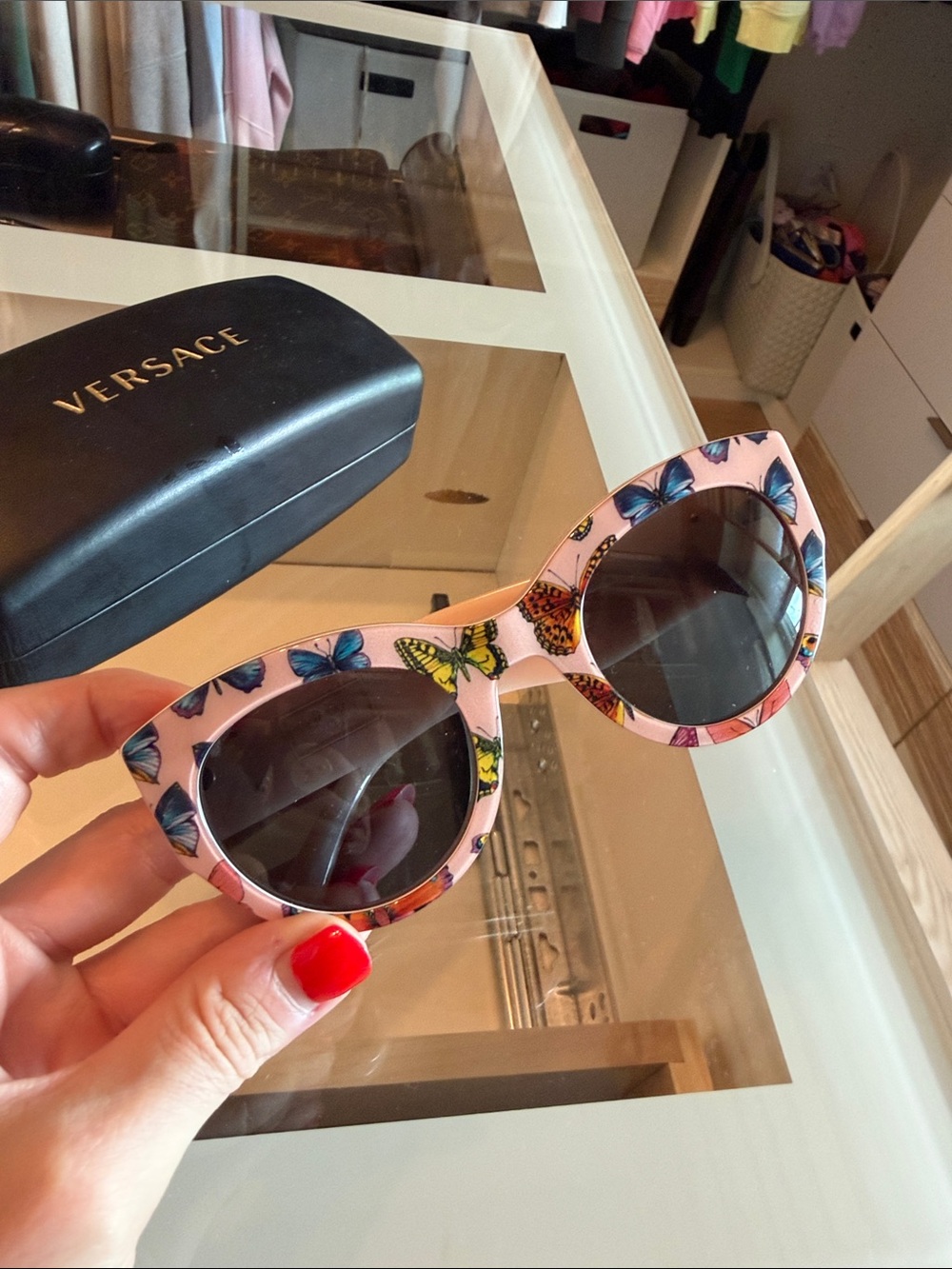 Versace Pink Butterfly Print Round Sunglasses - Picture 2 of 4